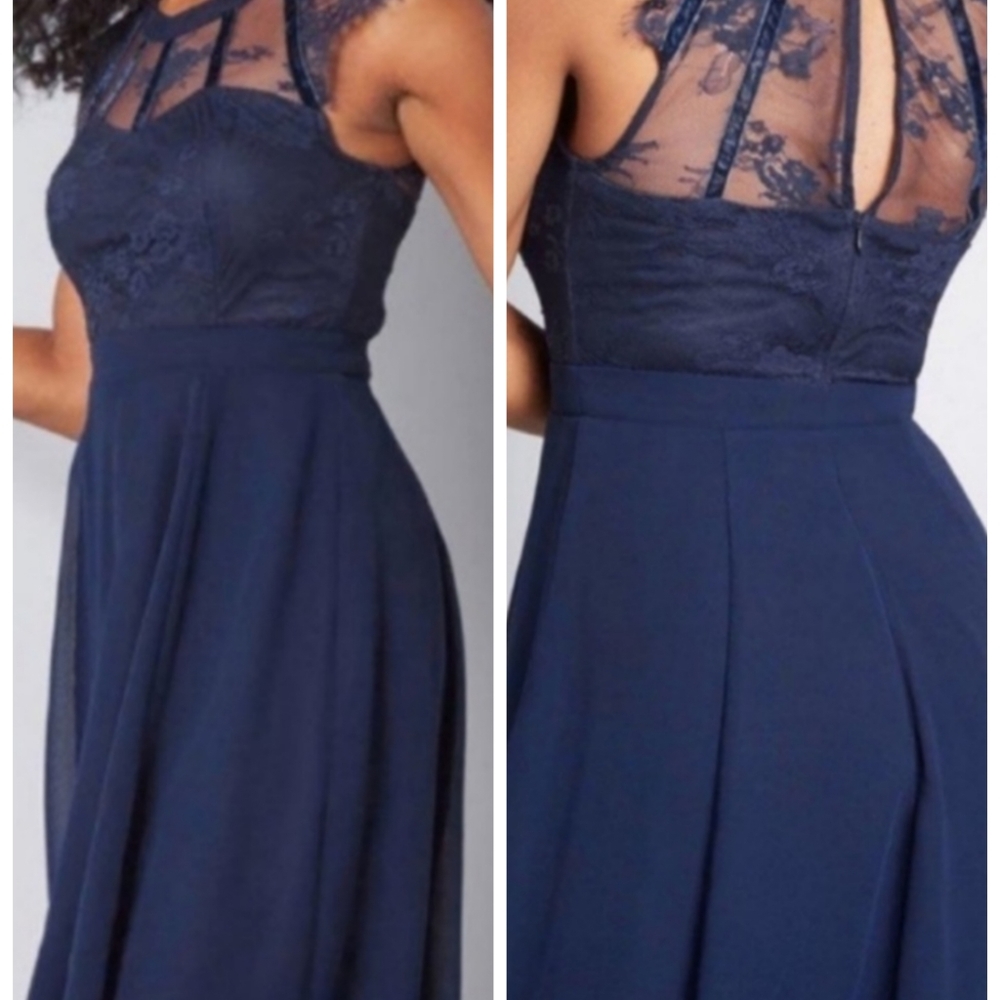 Elegant Navy Lace Midi Dress - Women